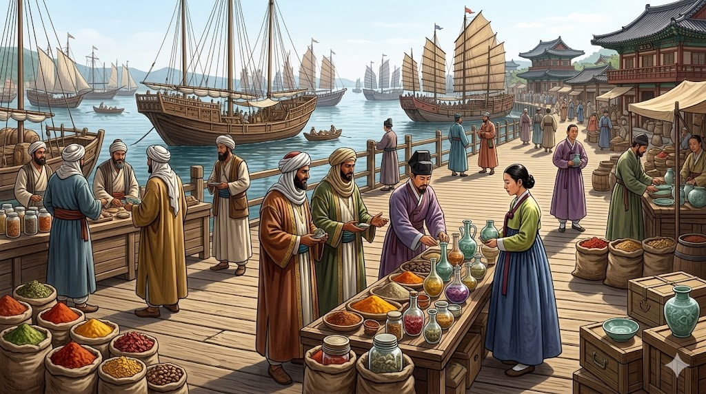 Arabian and Goryeo merchants trading goods at Byeokrando port during the Goryeo Dynasty.