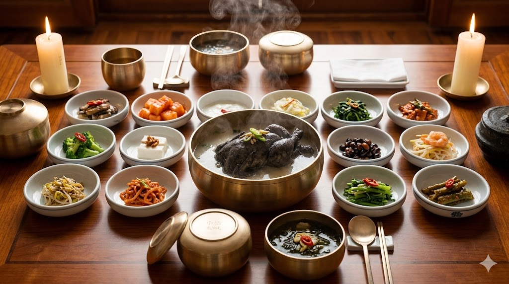 A traditional Korean royal meal featuring black chicken soup served in brassware.